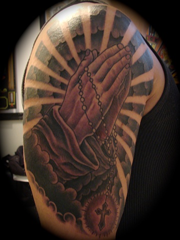 praying hands half sleeve black and grey gray rosary beads tattoo Providence Rhode Island RI