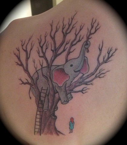 Providence, Prov, RI, Rhode Island, New England, Mass, Art Freek Tattoo, Good Tattoos elephant in a tree tree little girl dreams