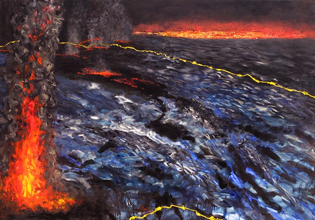 Ocean on fire, climate change, oil industry and human consumption harms oceans, Robinson Jeffers poem(The Purse Seine)