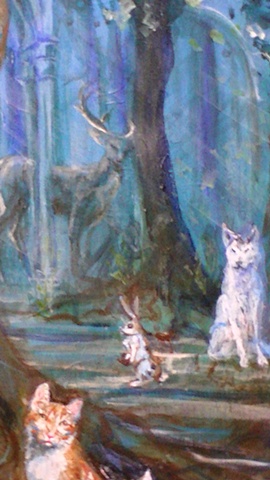 Self Portrait as Circe Background (Stag, White wolf and rabbit Detail)