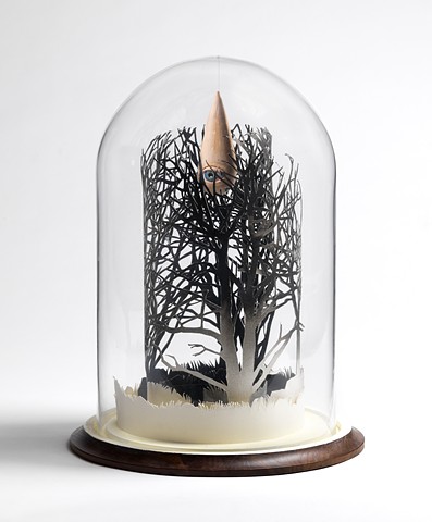black forest cut paper trees, ceramic raindrop in bell jar by leigh craven
