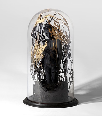 bell jar with sculpture figure with trees by leigh craven