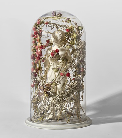 bell jar with sculpture figure with flowers by leigh craven