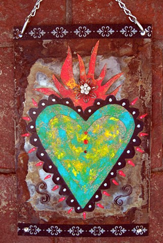 Sacred Heart on recycled metal mixed media.