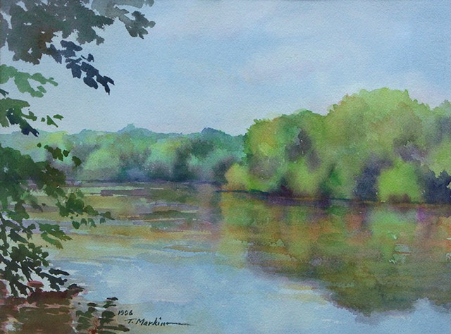 watercolor painting of trees along the Potomac River on a hot summer day