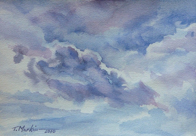 Watercolor painting of clouds in the sky