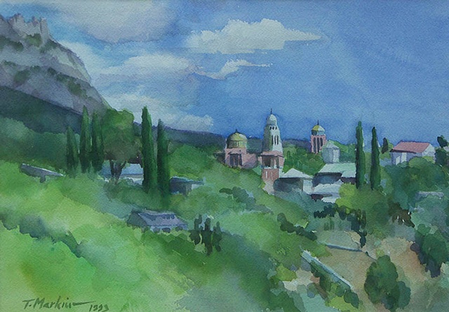 watercolor painting of a mountain view with scattered buildings outside Yalta, in the Crimea, Ukraine