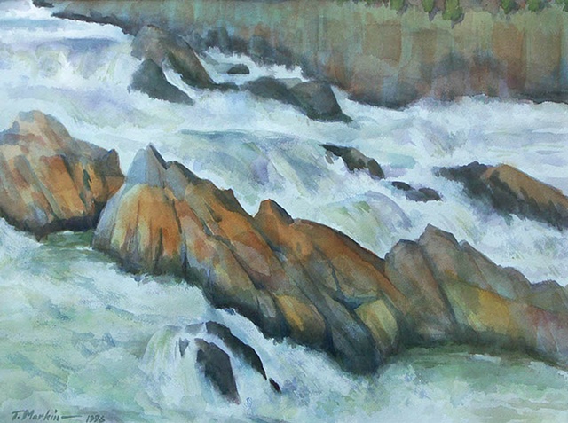 watercolor painting of rushing water cascading over the falls at Great Falls, Virginia