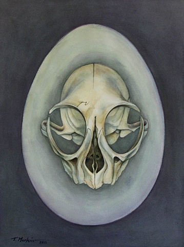 Watercolor painting of an animal skull centered in a white egg, surrounded by a dark background