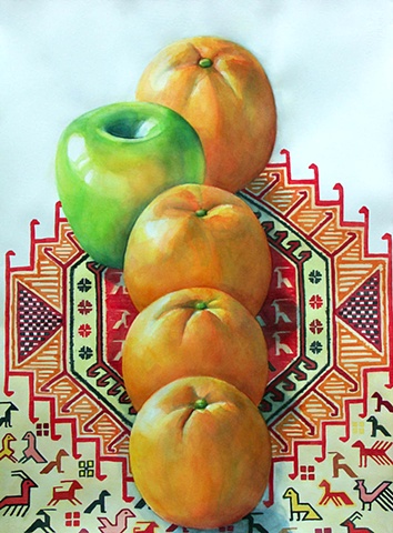 watercolor painting of a row of oranges with one green apple stepping out of line