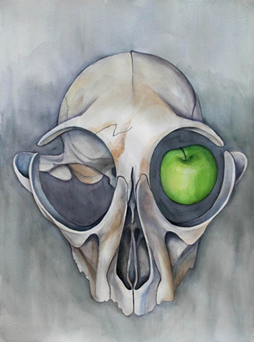 Watercolor painting of an animal skull with a green apple in the right eye socket