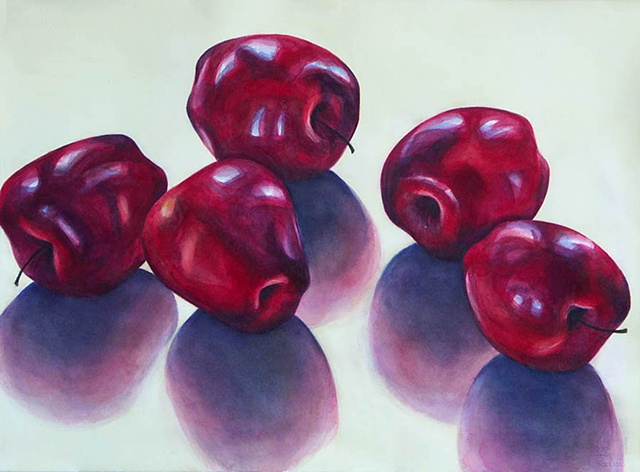 watercolor painting of five red apples all tumbled about, with purple shadows