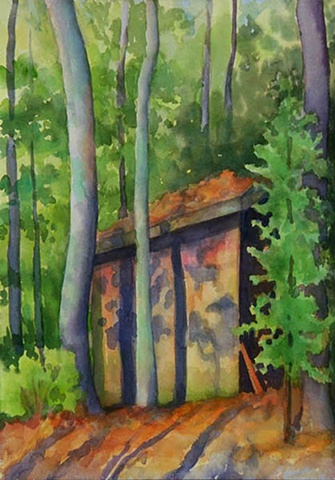 watercolor painting of a shed in the woods surrounded by trees and bathed in afternoon light