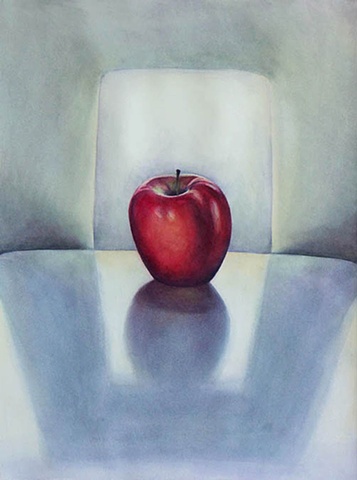 Watercolor painting of a single red apple sitting on a white surface surrounded by strong shadows