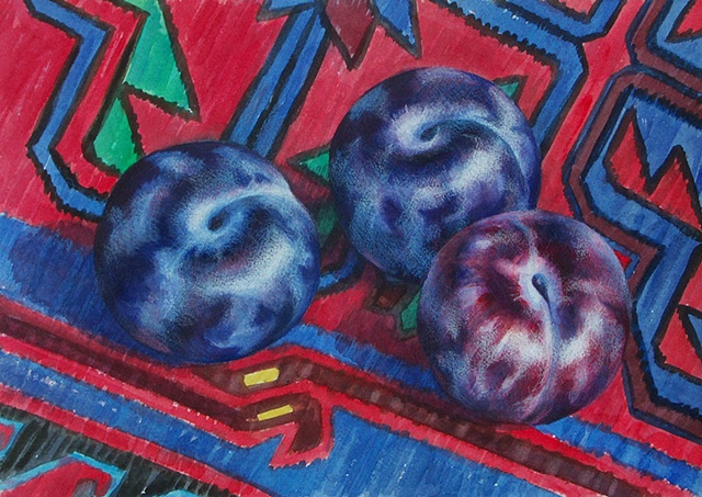 watercolor painting of three dark blue plums sitting on an Azeri kilim