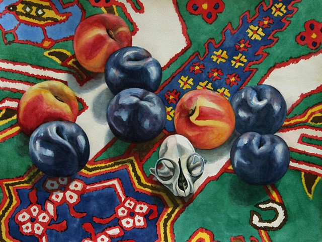 watercolor painting of peaches and plums with a small skull on a brightly patterned Azeri rug