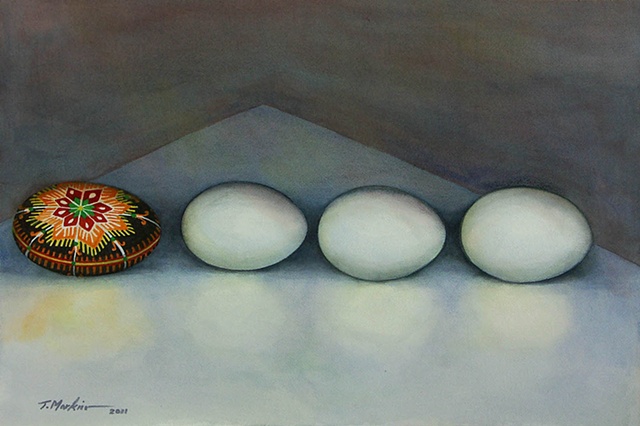 watercolor painting of three white eggs all in a row followed by a brightly decorated Ukrainian Easter egg (pysanka)