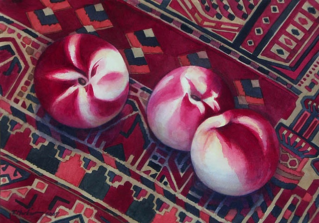 Watercolor painting of white peaches with brilliant red markings on a Turkmen rug