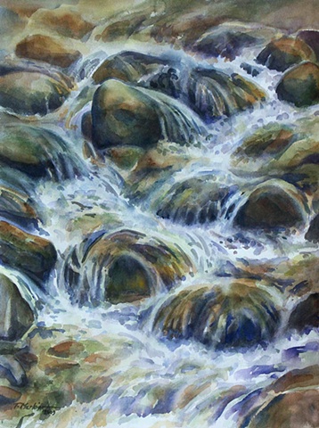 Watercolor paintings of water rushing over rocks