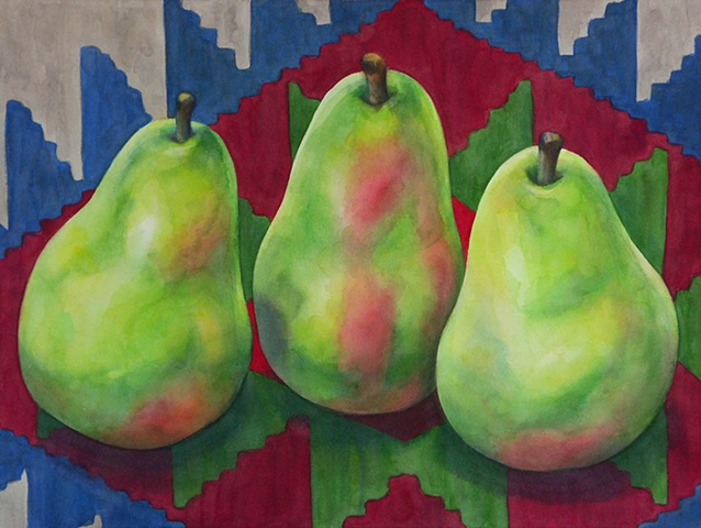Watercolor painting of three pears on a multicolored Azeri kilim carpet