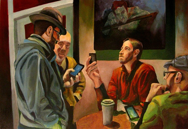 a painting about having a cellular phone chat in a coffee house
