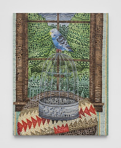 Untitled (Diné table runner, Thomas Strahan wallpaper, antique cage, Stickley table)