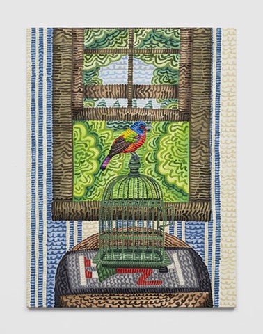 UntitledUntitled (Nonpareil, Diné runner, antique cage, Stickley table, Christopher Norman's Irvine Taffeta wallpaper)