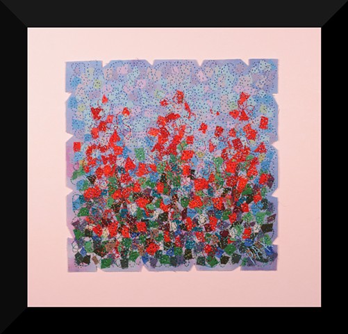 58  Red Blue Garden     Fiber: Matted and Framed Art Quilt