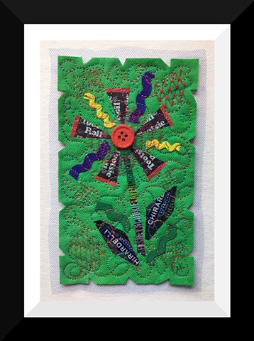 37   Green Tootsie Candy Wrapper  Flower Fiber: Framed Contemporary Art Quilt 