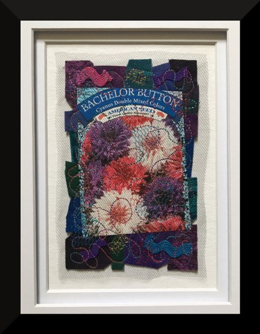 Contemporary Art Quilt, Fiber, Framed,  Fabric, garden seed packet