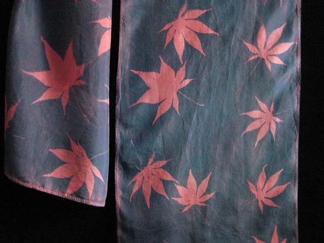 24  Silk Scarf, Hand-dyed,Sun-printed  Red Japanese Maple