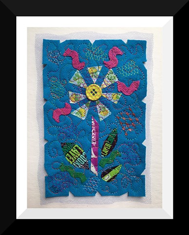 38   Blue Dum Dum Candy Wrapper  Flower Fiber: Framed Contemporary Art Quilt