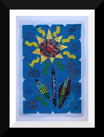 43   Blue Yellow Candy Wrapper SunFlower Fiber: Framed Contemporary Art Quilt