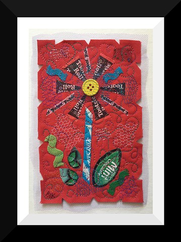 44  Red Tootsie Candy Wrapper Flower Fiber: Framed Contemporary Art Quilt