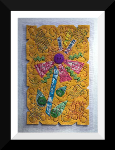 36   Yellow Candy Wrapper  Flower Fiber: Framed Contemporary Art Quilt