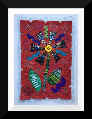 41   Red Choco Candy Wrapper  Flower Fiber: Framed Contemporary Art Quilt