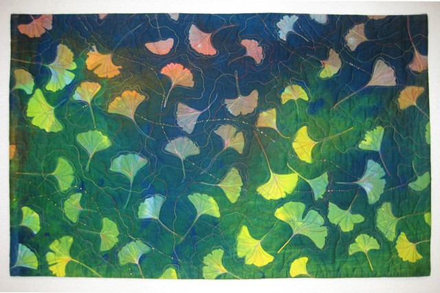 14  Ginkgo Autumn II, Art Quilt Hand-dyed, sun-printed
