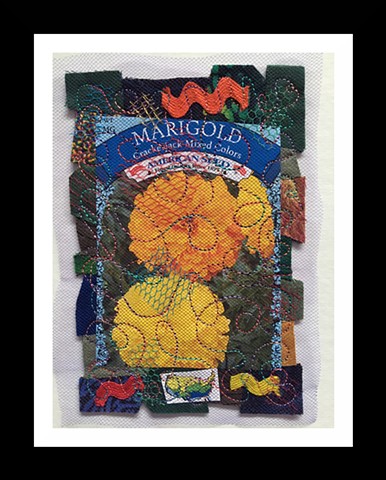 27    Flower Seed Packet: Marigolds Fiber: Framed Contemporary Art Quilt