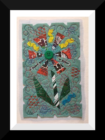 45   Green Mounds Candy Wrapper  Flower Fiber: Framed Contemporary Art Quilt