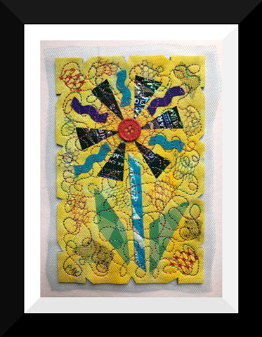 47   Yellow Choco Candy Wrapper  Flower Fiber: Framed Contemporary Art Quilt