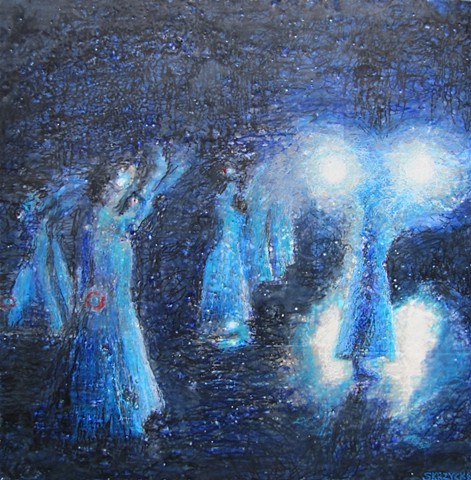 art, encaustic, susan skrzycki, dancers, stage, blue, light, contemporary