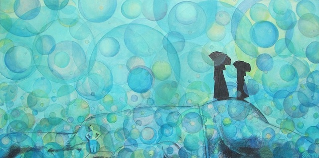 Susan Skrzycki, funeral, mourners, blue art painting nude surreal the spheres