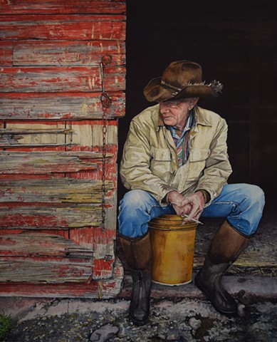 A quintessential cowboy portrait done in watercolour by Conny Jager