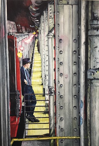 Watercolour by Conny Jager New York Train Operator, painting, realism, Calgary Artist