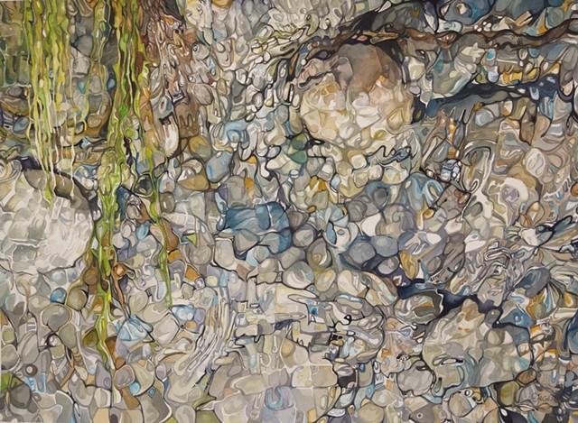 Watercolour painting of rocks, water, and reflection