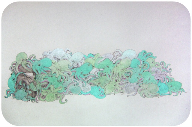 Drawing / Painting of a woman covered in blue and green octopuses by Jenny Kendler