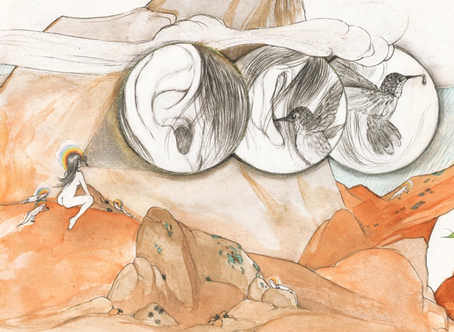 Detail shot of drawing / painting of a desert scene showing a hummingbird drinking from a woman's ear, hopi petroglyphs, endangered lizards & a juniper tree draped with prayer flags - by environmental artist Jenny Kendler and dedicated to Ed Abbey