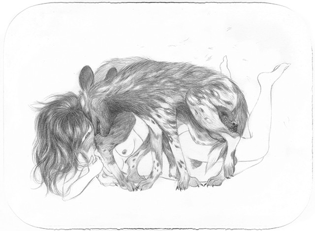 Drawing of woman wrestling with endangered African Wild Dogs by Jenny Kendler
