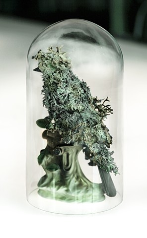 Porcelain bird figurine covered in lichen by environmentalist artist Jenny Kendler