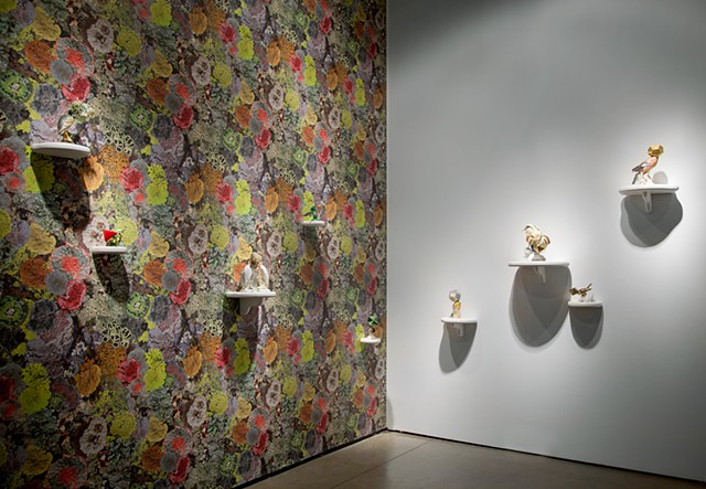 View of Camouflage bird sculptures and Natural Camouflage Lichen Wallpaper, which accompanied Tell it to the Birds at EXPO Chicago